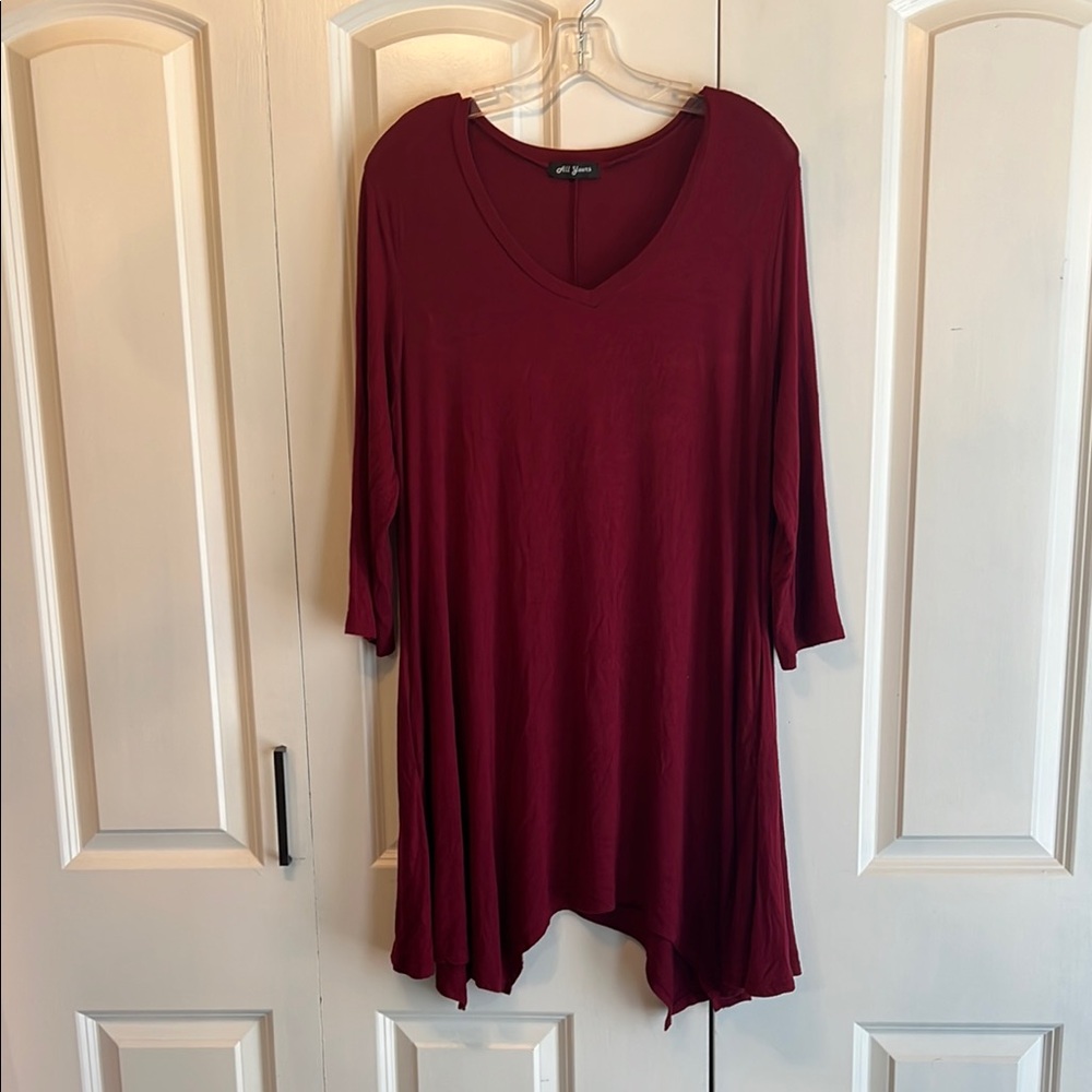 Burgundy handkerchief hem Tunic long sleeve Mini Dress